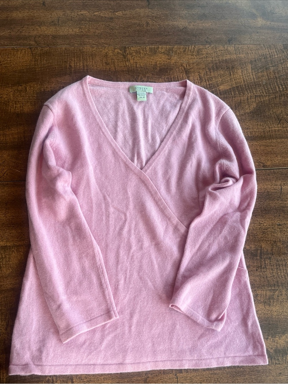 Geneva 100% Cashmere Pink Faux Wrap V Neck Sweater Med Quiet Luxury Old Money